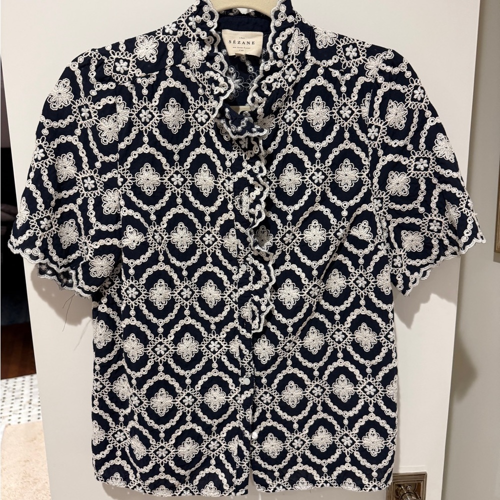 Sezane Navy Top with White Floral Embroidery